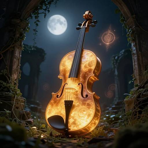 Photograph-style CGI of a glowing, fiery violin with intricate swirl patterns, standing under a full moon in a moonlit, overgrown, ruined arch