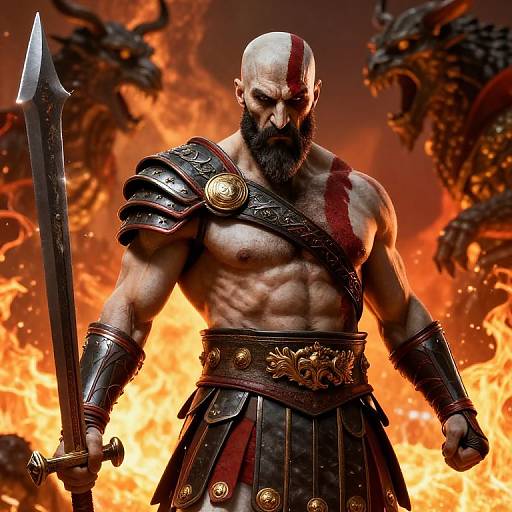 Muscular, bald, bearded warrior with blood-streaked forehead, holding sword, armored shoulder, and belt, standing before fiery dragons. CGI