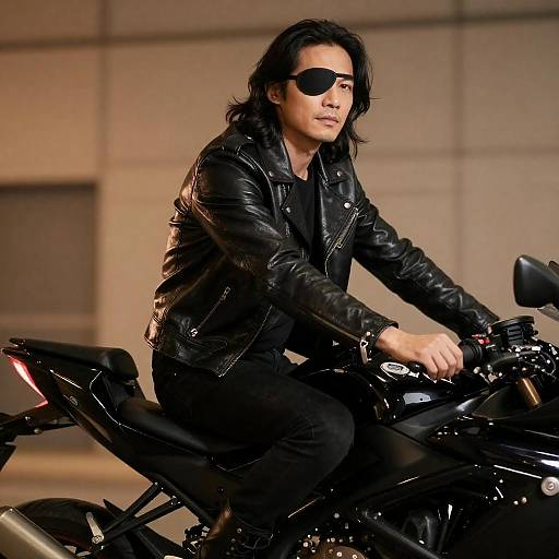 Man with Eyepatch on Black Motorcycle