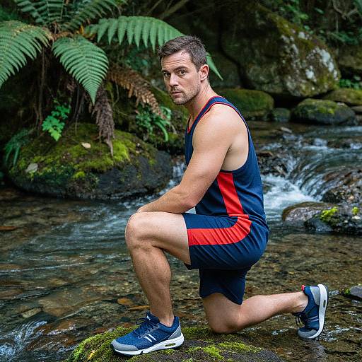 Photograph of a muscular, dark-haired man in a black and red athletic tank top and shorts, kneeling by a mossy forest stream, wearing blue
