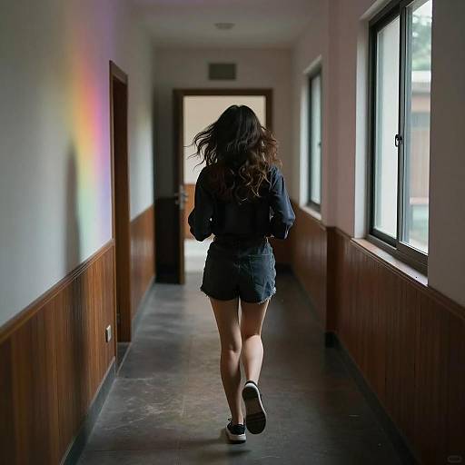 Mysterious Woman in a Colorful Hallway