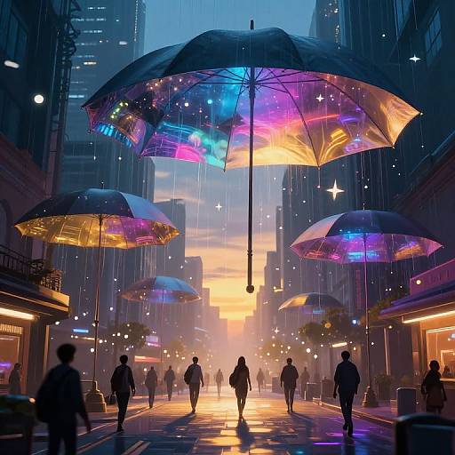 Digital art: Rainy city street at sunset, neon-lit transparent umbrellas with colorful lights, silhouetted pedestrians, reflective wet pavement,