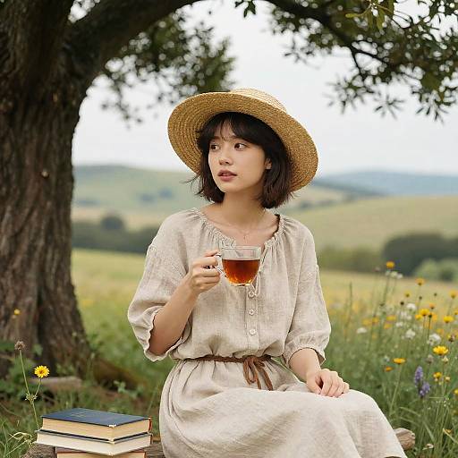 Asian woman in white dress and straw hat sips tea, sitting on grass by tree, with books and wildflowers in background.