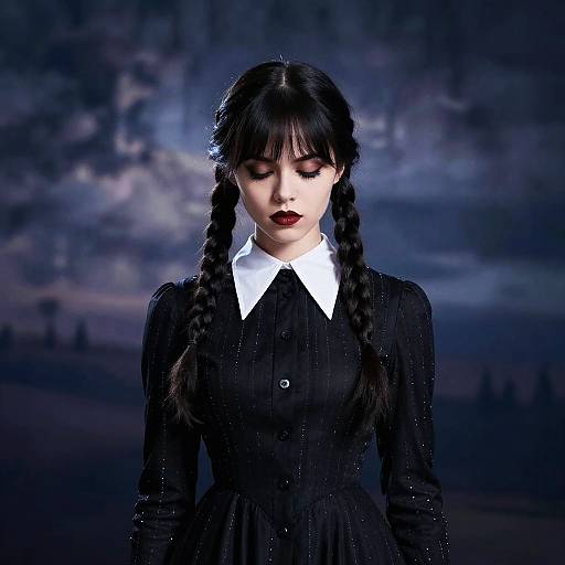 Compact Woman in Wednesday Addams Outfit