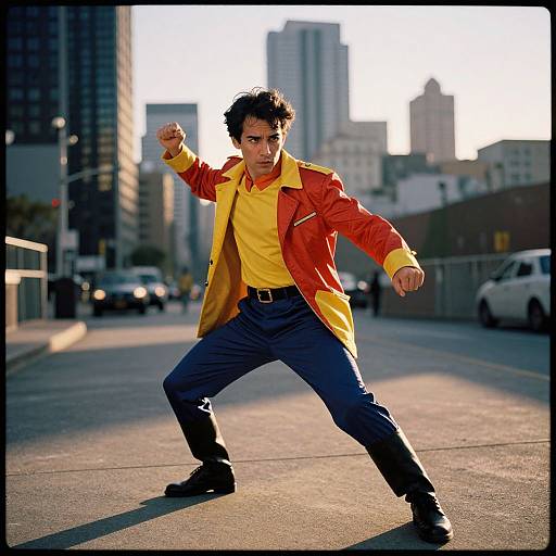 Photograph of a man with dark curly hair, wearing a red-yellow jacket, yellow shirt, blue pants, striking a dynamic pose on an urban street