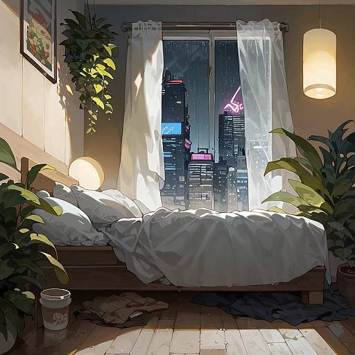 Cozy Cyberpunk Bedroom with Rainy View