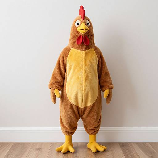 Photograph of a person standing in a brown chicken costume with a red comb, yellow beak, and yellow feet, against a white wall and wooden