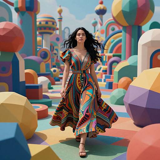Photograph of a dark-haired woman in a colorful, patterned dress walking through a vibrant, geometric, cartoon-like outdoor playground.