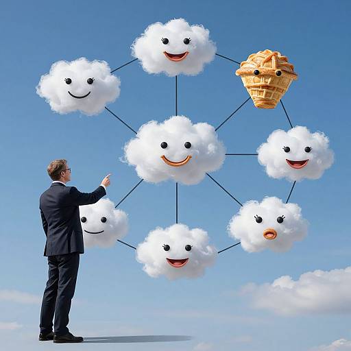 Photograph of a man in a black suit pointing at a digital cloud network with smiling clouds and a golden waffle, against a bright blue sky.