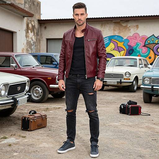 Photograph of a muscular, bearded man with short dark hair, wearing a maroon leather jacket, black t-shirt, ripped jeans, and blue