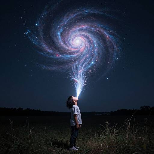 Photograph of a child with curly hair, white shirt, and dark pants, gazing up at a glowing, swirling galaxy in a dark, star