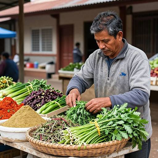 Vibrant Market Vendor Arranging Herbs