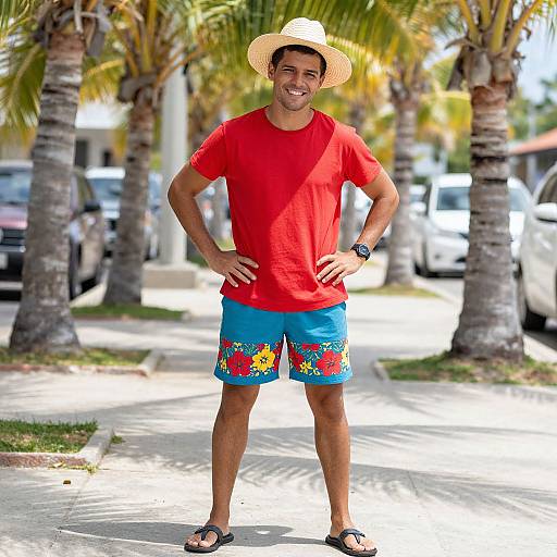 Photograph of a smiling man in a red t-shirt, blue floral shorts, straw hat, black sandals, and watch, standing on a sunny palm