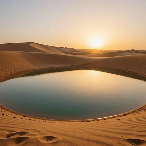 Photograph of a serene desert oasis at sunset, featuring a circular, calm water pool reflecting the golden sunlight, surrounded by undulating, sandy dunes