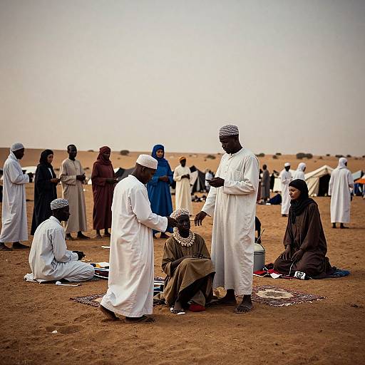 Photograph of a desert gathering: Men in white and brown traditional clothing interact on sandy ground, with a hazy sky backdrop.