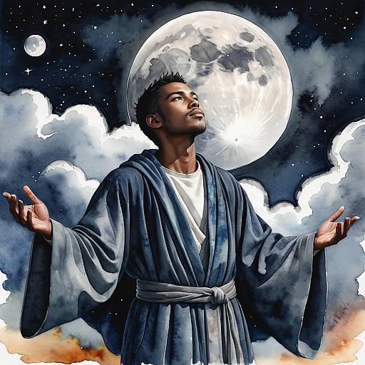 Man in Robe Under Full Moon and Starry Night Sky