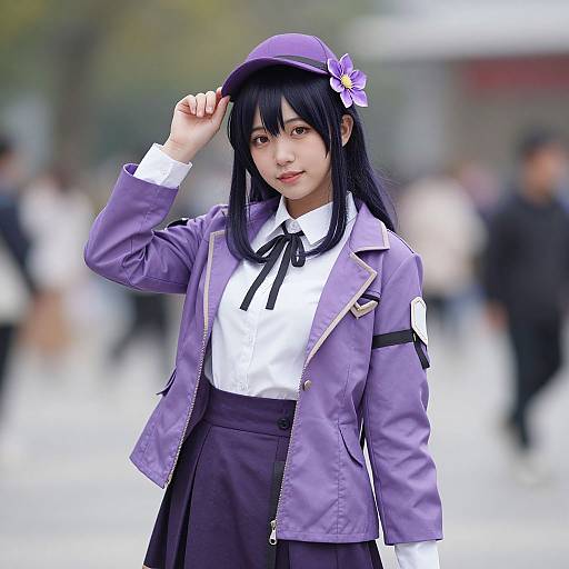 Photograph of an Asian woman cosplaying as a purple-haired anime character, wearing a matching jacket, white shirt, black tie, skirt, and hat