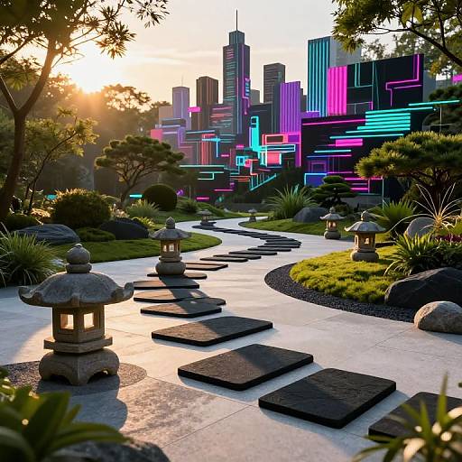 Photograph of a modern Japanese garden with stone lanterns, stepping stones, and neon-lit skyscrapers in the background at sunset.