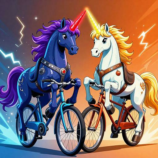 Digital illustration of two unicorns riding bicycles; one blue with a red horn and purple mane, one white with a yellow mane and yellow horn, against