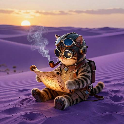Digital illustration of a cute, striped cat wearing aviator goggles and a leather backpack, sitting in a purple desert at sunset, smoking a pipe and reading