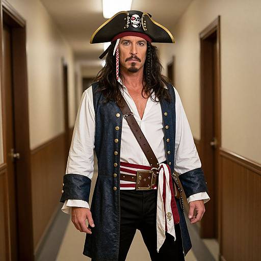 Photograph of a man with long black hair and beard, wearing a pirate hat, white shirt, and navy coat, standing in a hallway.