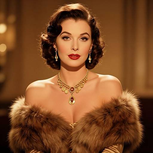 Glamorous photograph of a fair-skinned woman with dark, wavy 1940s-style hair, wearing a luxurious fur stole and gold necklace