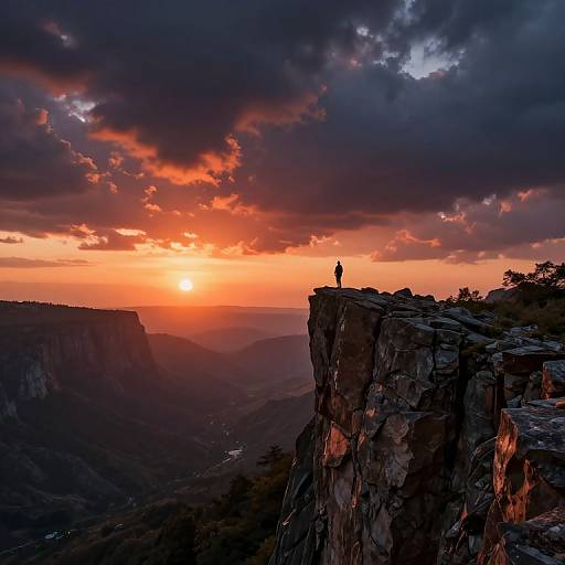 Silhouetted hiker on rocky cliff at sunset, vivid orange sky, dark clouds, deep valley below, dramatic landscape, photograph.