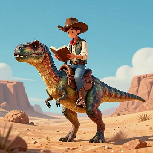 Digital artwork of a young cowboy in a hat, white shirt, red scarf, and vest, riding a colorful, detailed dinosaur in a bright desert landscape