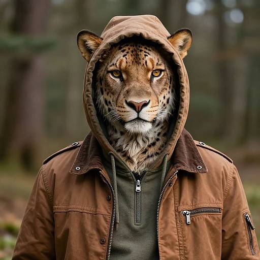 Photorealistic digital artwork of a humanoid leopard with golden eyes, wearing a brown hooded jacket and green hoodie, standing in a forest.