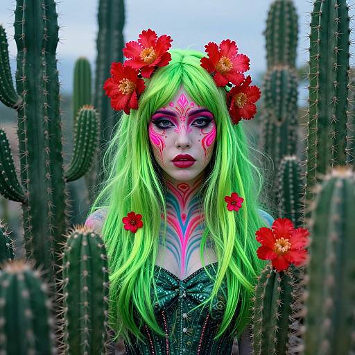 Neon Cactus Woman Surreal Portrait