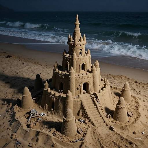 Photograph of an elaborate, sandcastle castle with multiple towers and arches on a dark, sandy beach with crashing waves in the background.