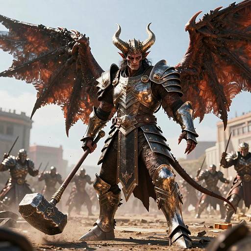 Digital artwork of a demonic warrior with black wings, horned helmet, and ornate armor, wielding a massive hammer in a sunlit battlefield.