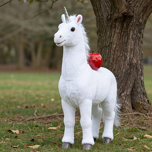 Photograph of a white, plush unicorn with a red heart on its back, standing on grass near a tree in a park.
