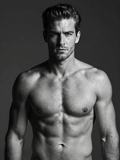 Photograph of a shirtless, muscular, handsome man with short, dark, slightly wet hair, gazing intensely forward, highlighted by dramatic blue lighting