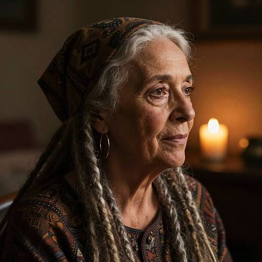 Elderly Woman with Silver Dreadlocks in Warm Candlelight