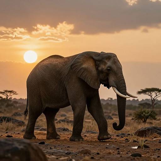Photograph of a large African elephant with curved tusks, standing on rocky, dry terrain at sunset, with a golden sky and scattered clouds in the