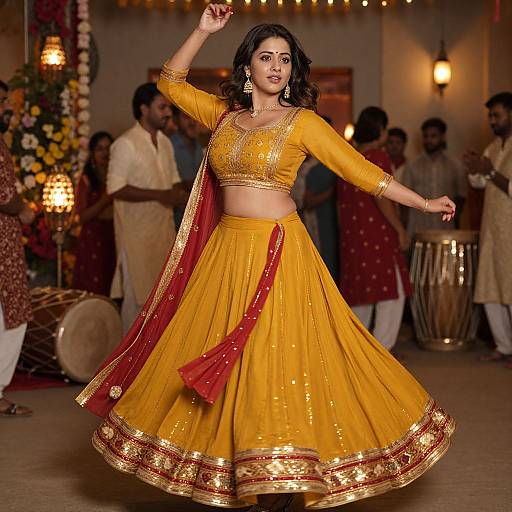 Photograph of an Indian woman in a yellow traditional lehenga choli with red and gold embroidery, dancing gracefully in a warmly lit, decorated hall.
