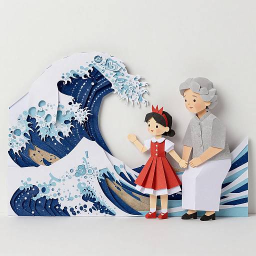 Paper Art of Princess and Grandmother with Great Wave