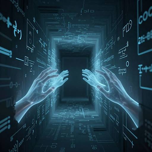 Digital CGI image of glowing blue hands reaching into a dark, code-filled tunnel with futuristic, neon blue equations and symbols.