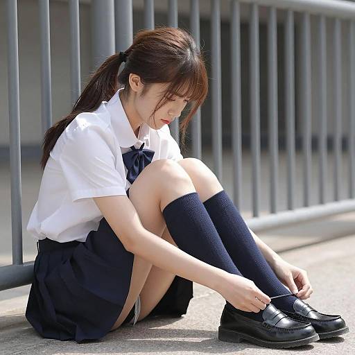 Asian Woman in Casual Outfit at Fence