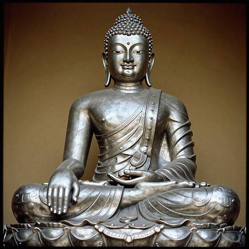 Photograph of a serene, silver Buddha statue in a meditative lotus position, with detailed facial features and a draped robe, against a brown gradient