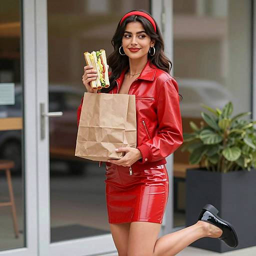 Young Woman Holding Sandwiches Outside