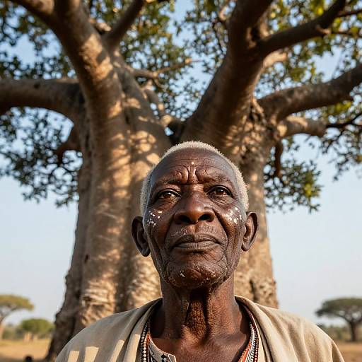 Photograph of an elderly, dark-skinned African man with short gray hair, wearing a beige shirt, standing in front of a large tree with a