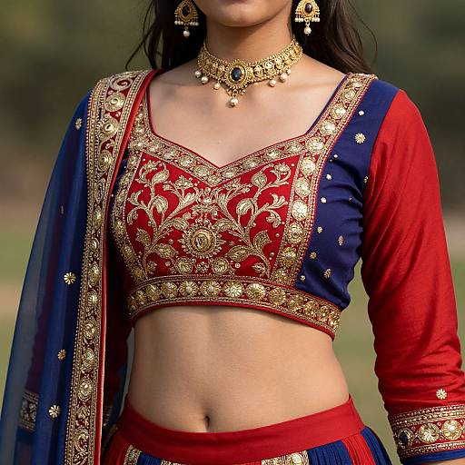 Photograph of a woman wearing an ornate red and gold embroidered top, navy blue and red dupatta, gold jewelry, and traditional Indian attire.