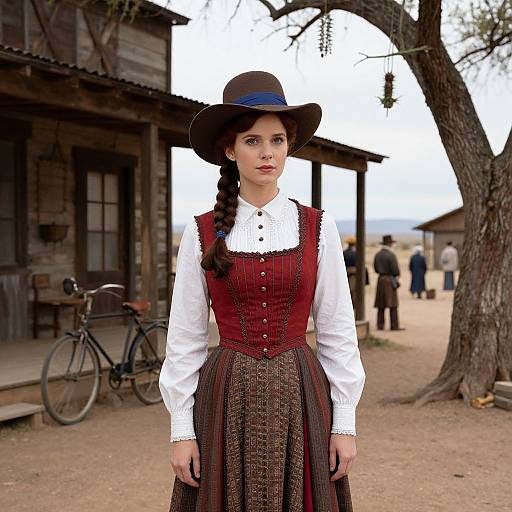 Photograph of a young woman with fair skin and dark hair in a braid, wearing a red corset dress, white blouse, and black hat