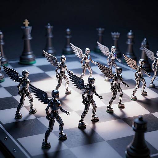 Photograph of metallic angel and warrior chess pieces with wings, standing in a spotlight on a black-and-white chessboard, surrounded by blurred chess pieces in