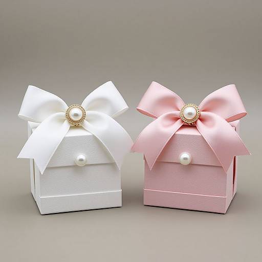 Photograph of two square gift boxes, one white and one pink, each adorned with a large bow and pearl, illuminated from within.