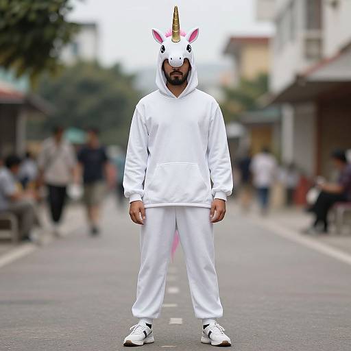 Photograph of a man in a white unicorn onesie with a horn and pink tail, standing on a blurred city street.