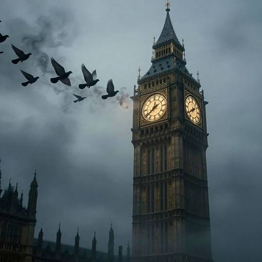 Photograph of London's Big Ben clock tower at dusk, with silhouetted birds flying against a cloudy, blue-gray sky.