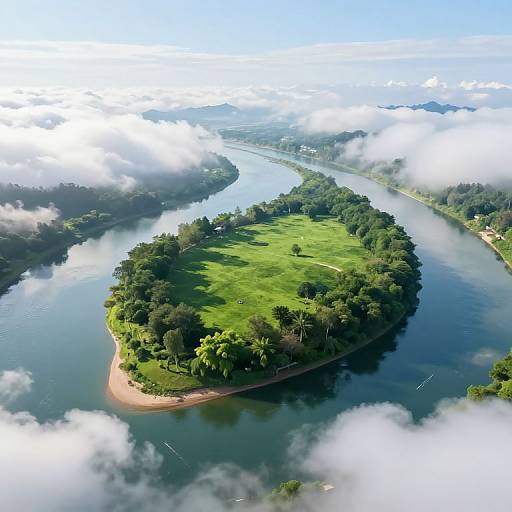 Aerial photograph of a lush, green island surrounded by a winding river, with fluffy white clouds and distant mountains.